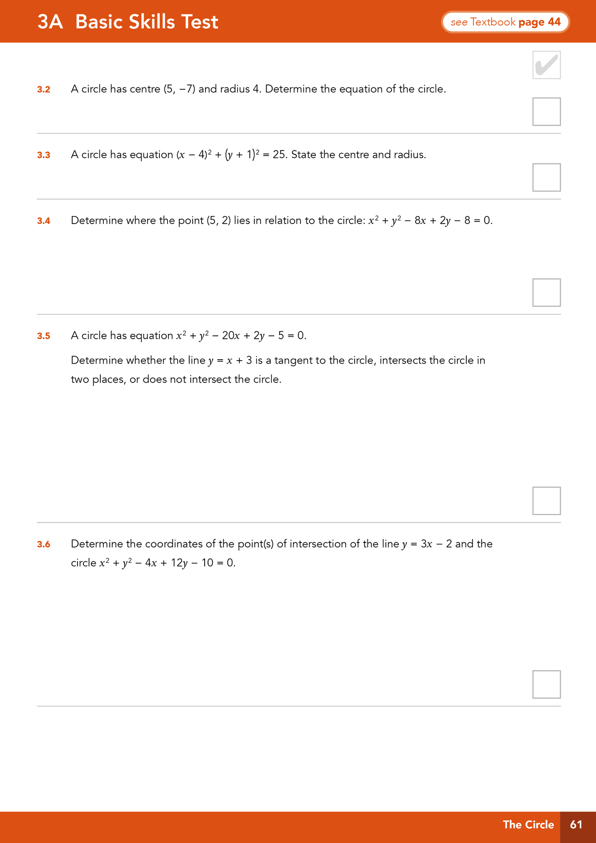A printed worksheet page titled '3A Basic Skills Test' with multiple circle-related math questions, checkboxes, and an orange footer band reading 'The Circle' and page number 61.