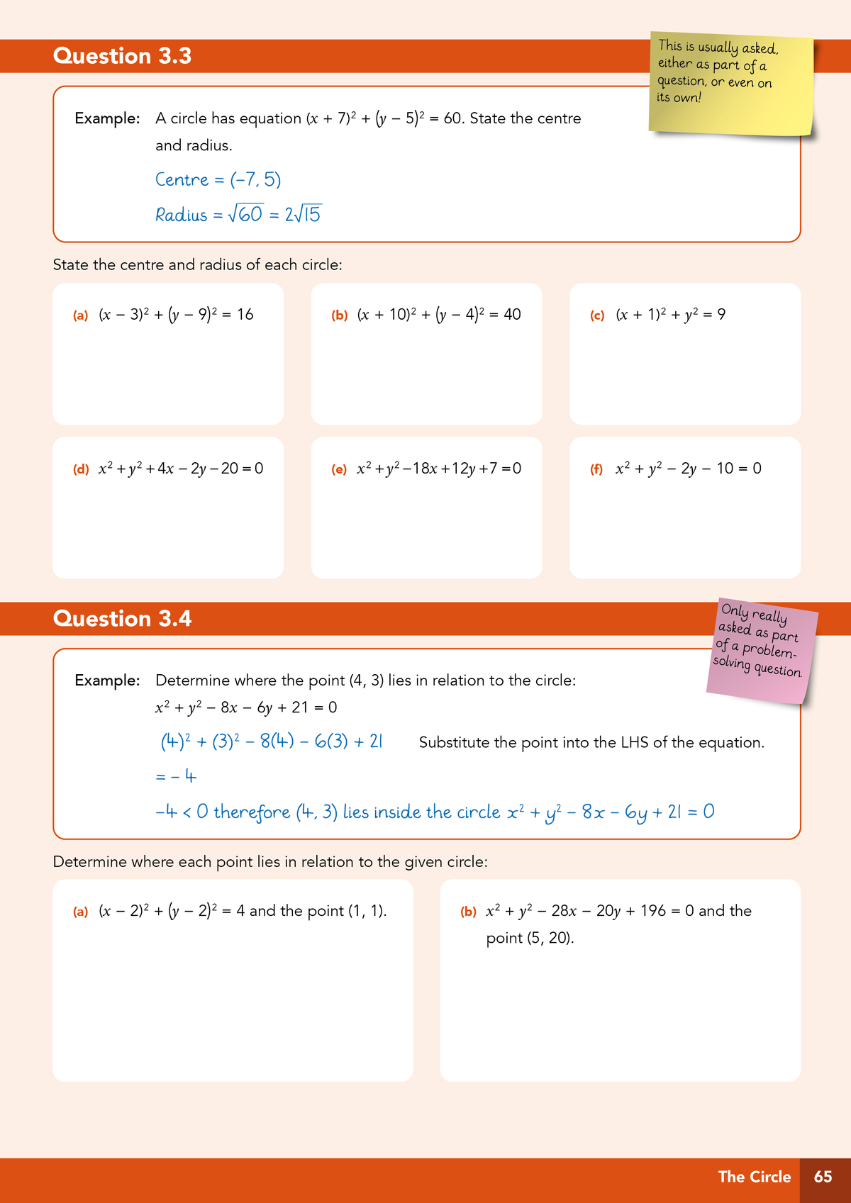 A printed worksheet page from The Circle showing algebra problems about circles, with example solutions for Question 3.3 and 3.