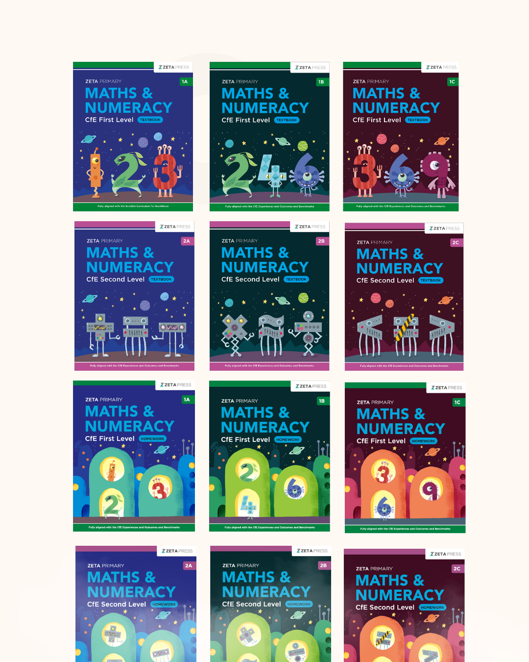 Grid of 'Maths & Numeracy' books for CFE First and Second Level on a white background