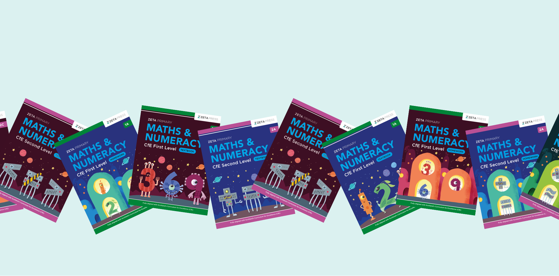 Row of ZETA PRESS Primary school books, titled 'Maths & Numeracy' on a light blue background