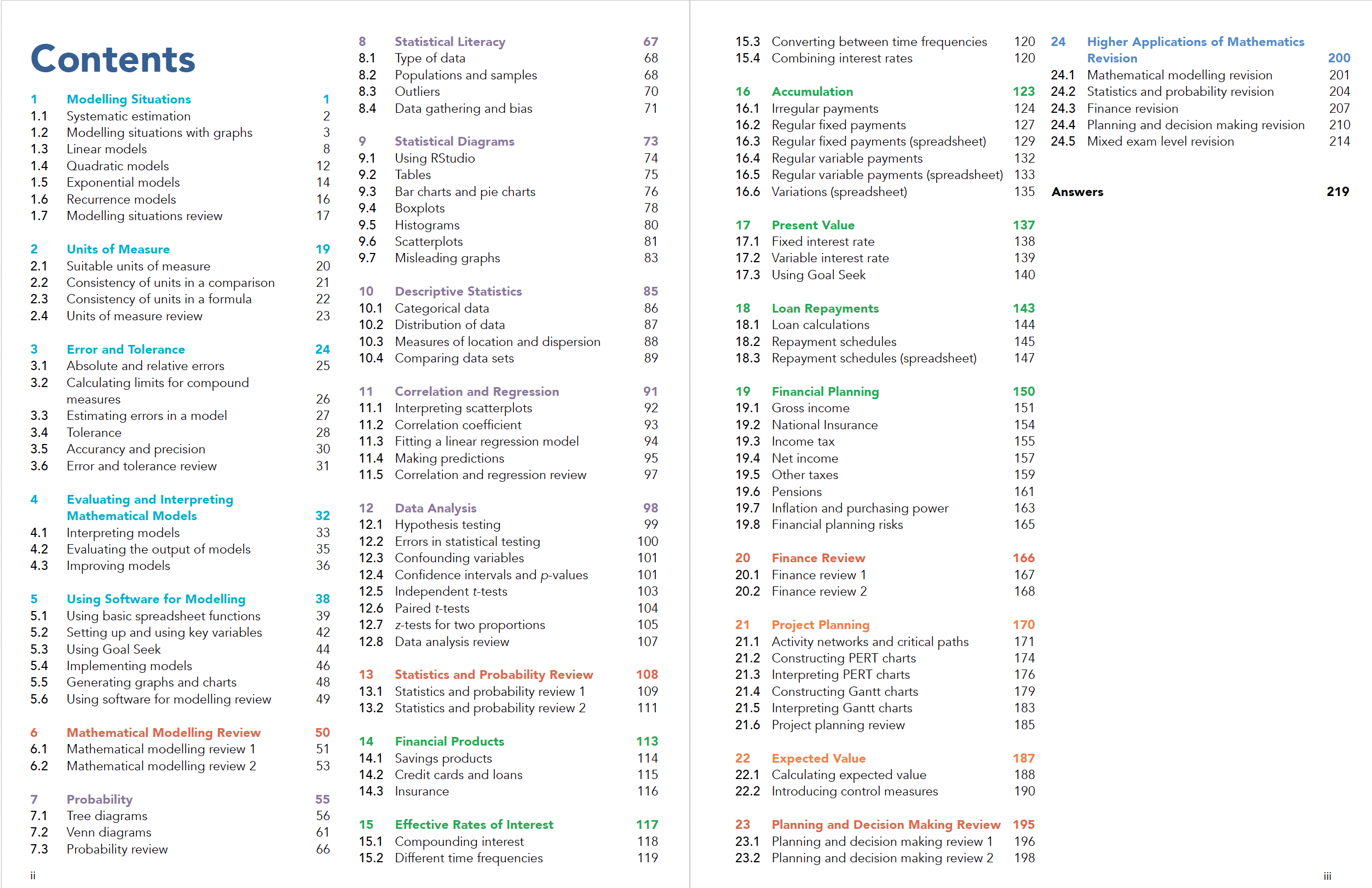 Table of contents page from Zeta Maths Higher Applications of Mathematics Student Book displaying the full list of SQA course topics.