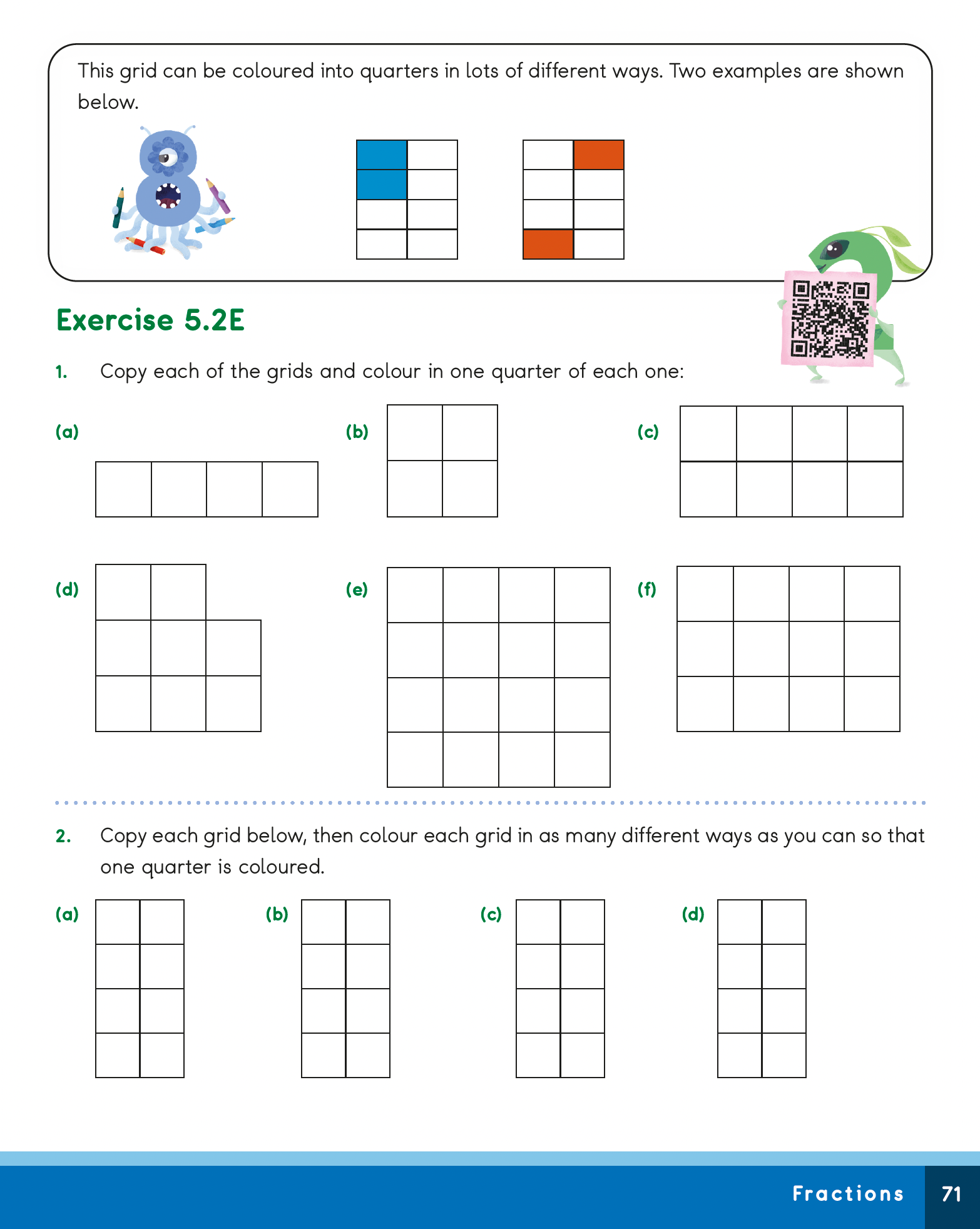 Mathematics worksheet on fractions with grid coloring exercises.