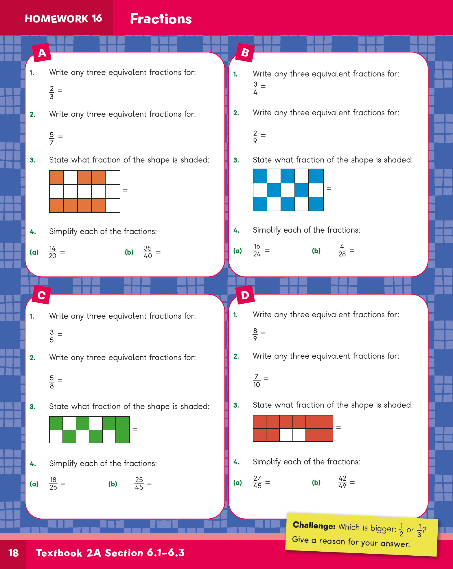 Mathematics homework worksheet on fractions with various problems and a grid pattern.