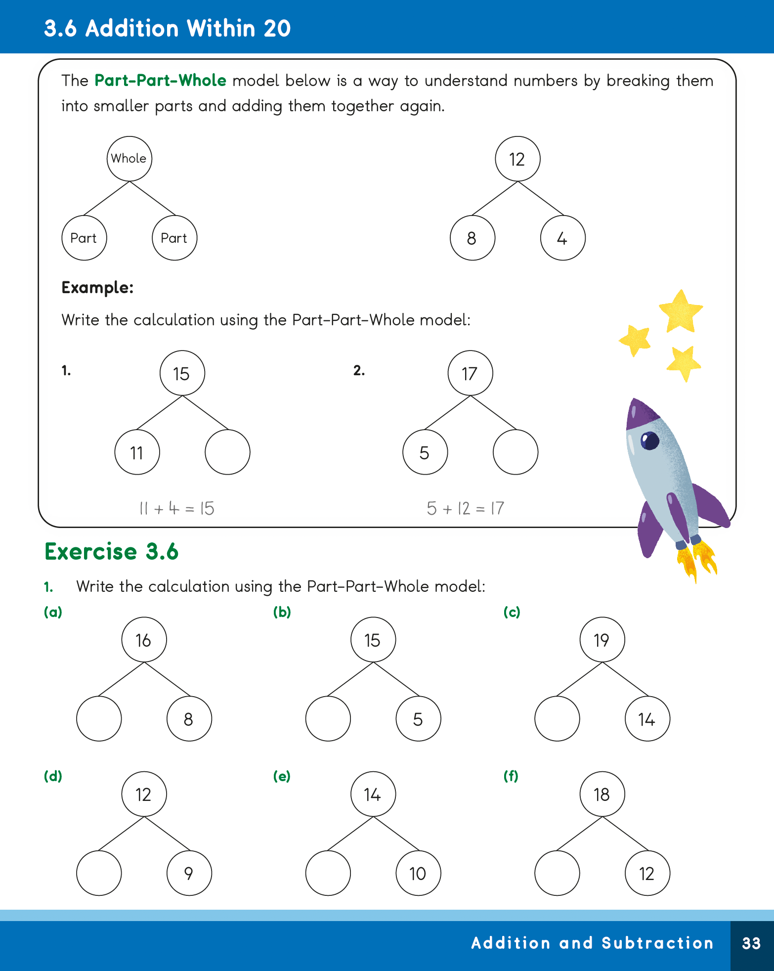 Math worksheet for addition within 20 using the Part-Part-Whole model with a space-themed design.