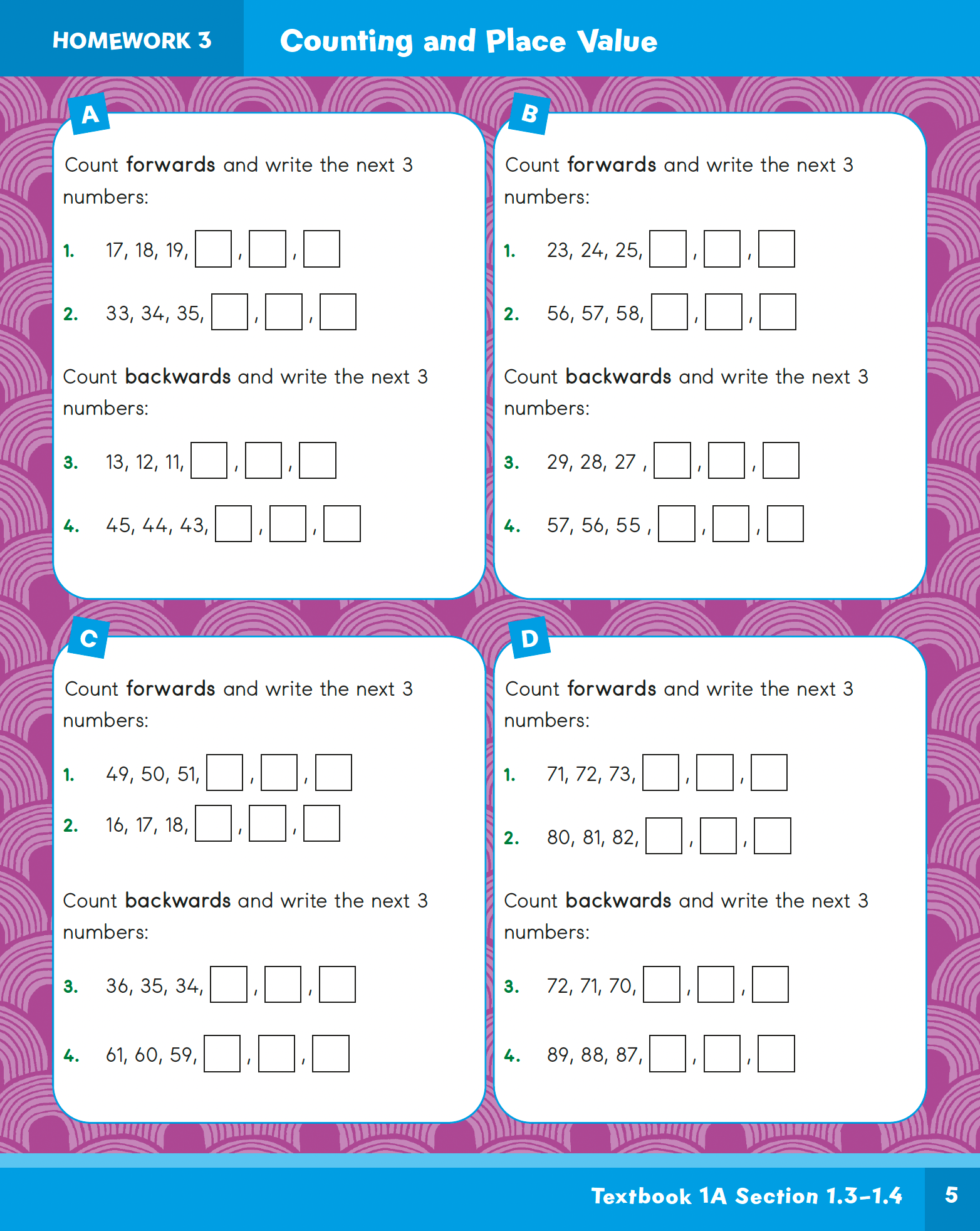Educational worksheet for counting and place value with a purple border and text.