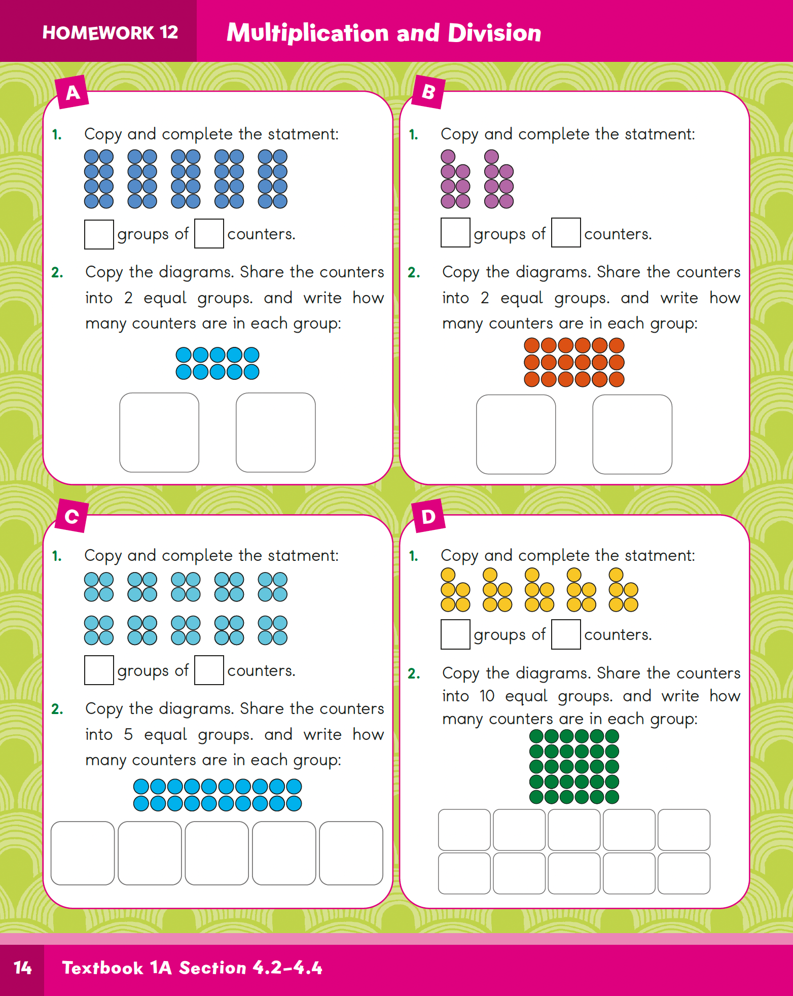 Math worksheet with multiplication and division problems on a green background