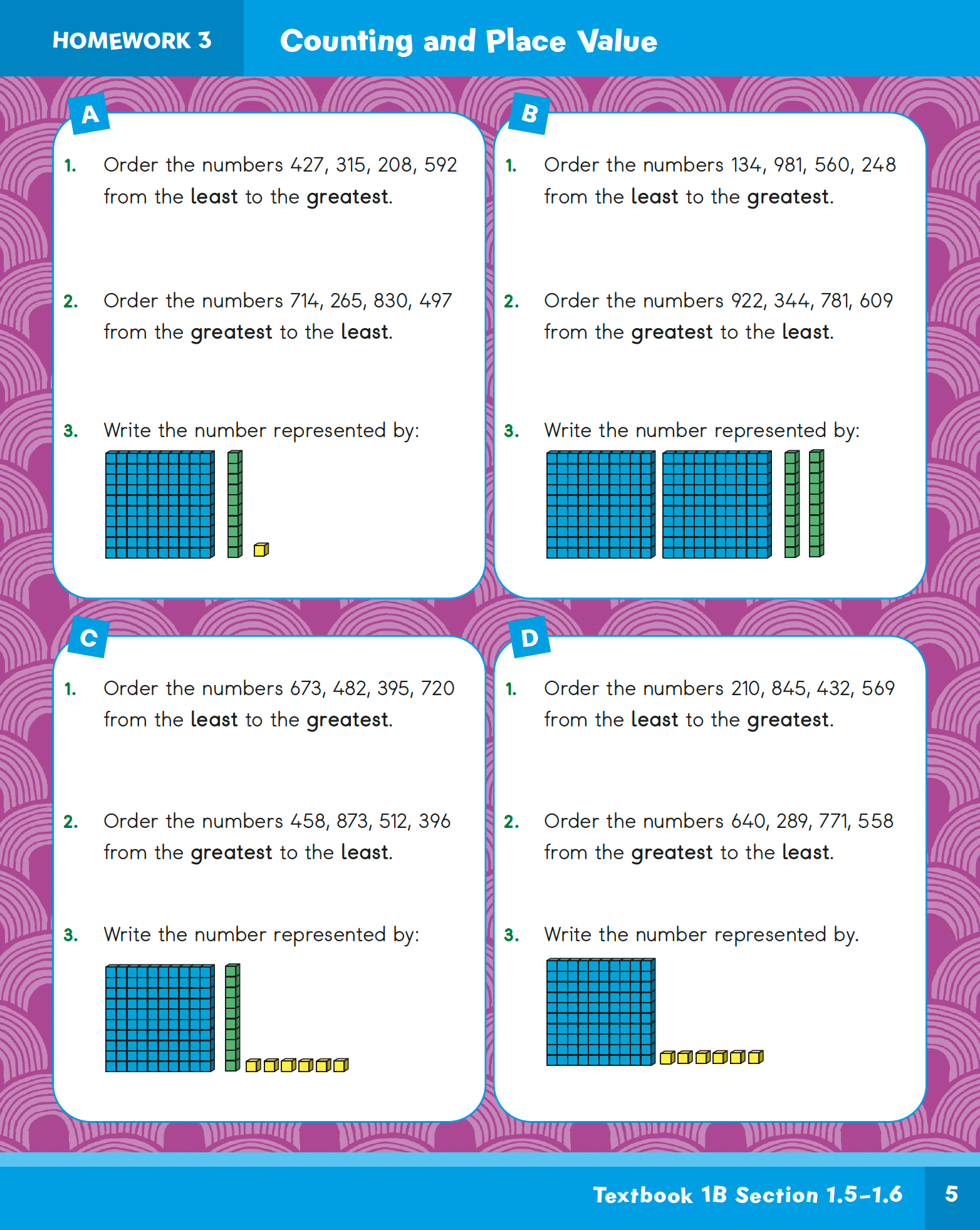 Educational math worksheet for counting and place value with number ordering and representation exercises.