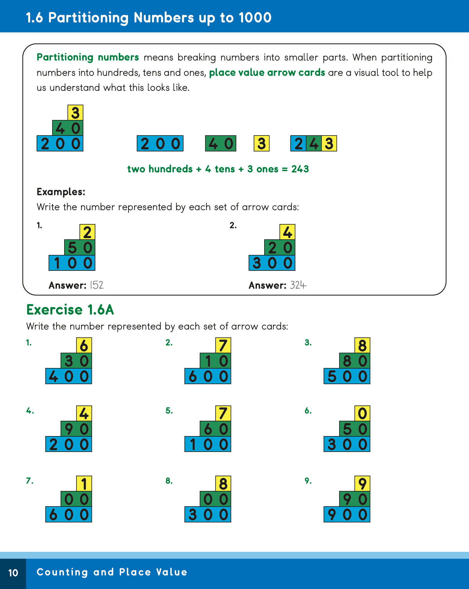 Math worksheet on partitioning numbers up to 1000 with arrow cards