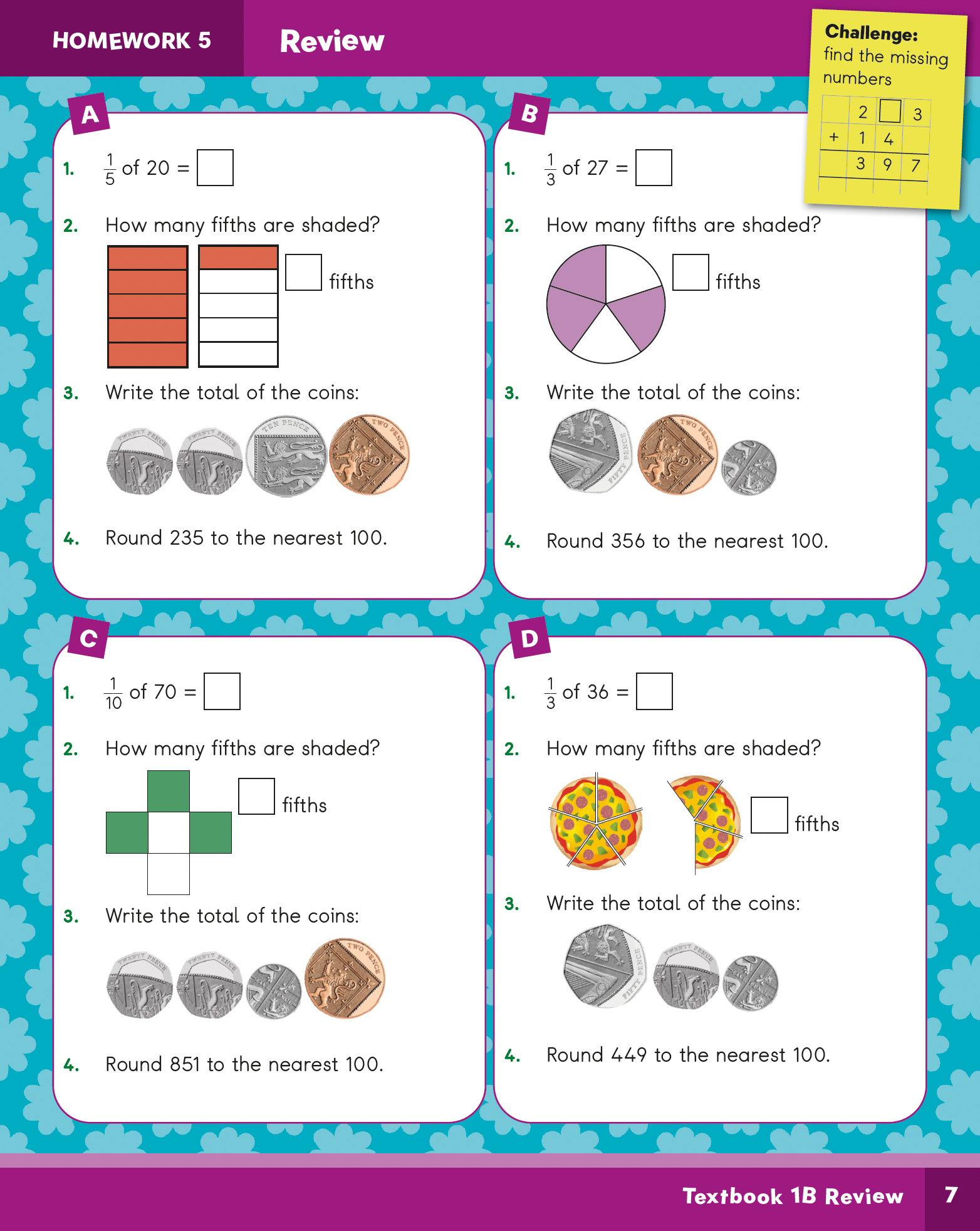 Educational math worksheet with various problems on a blue and purple background