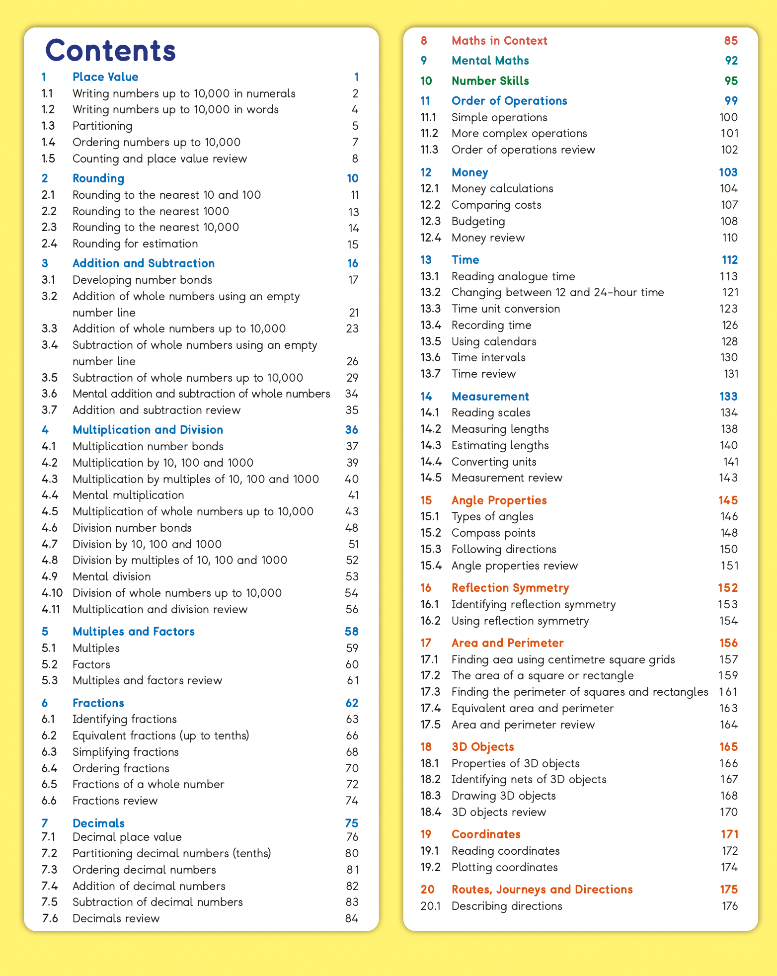Table of contents for a mathematics textbook on a yellow background