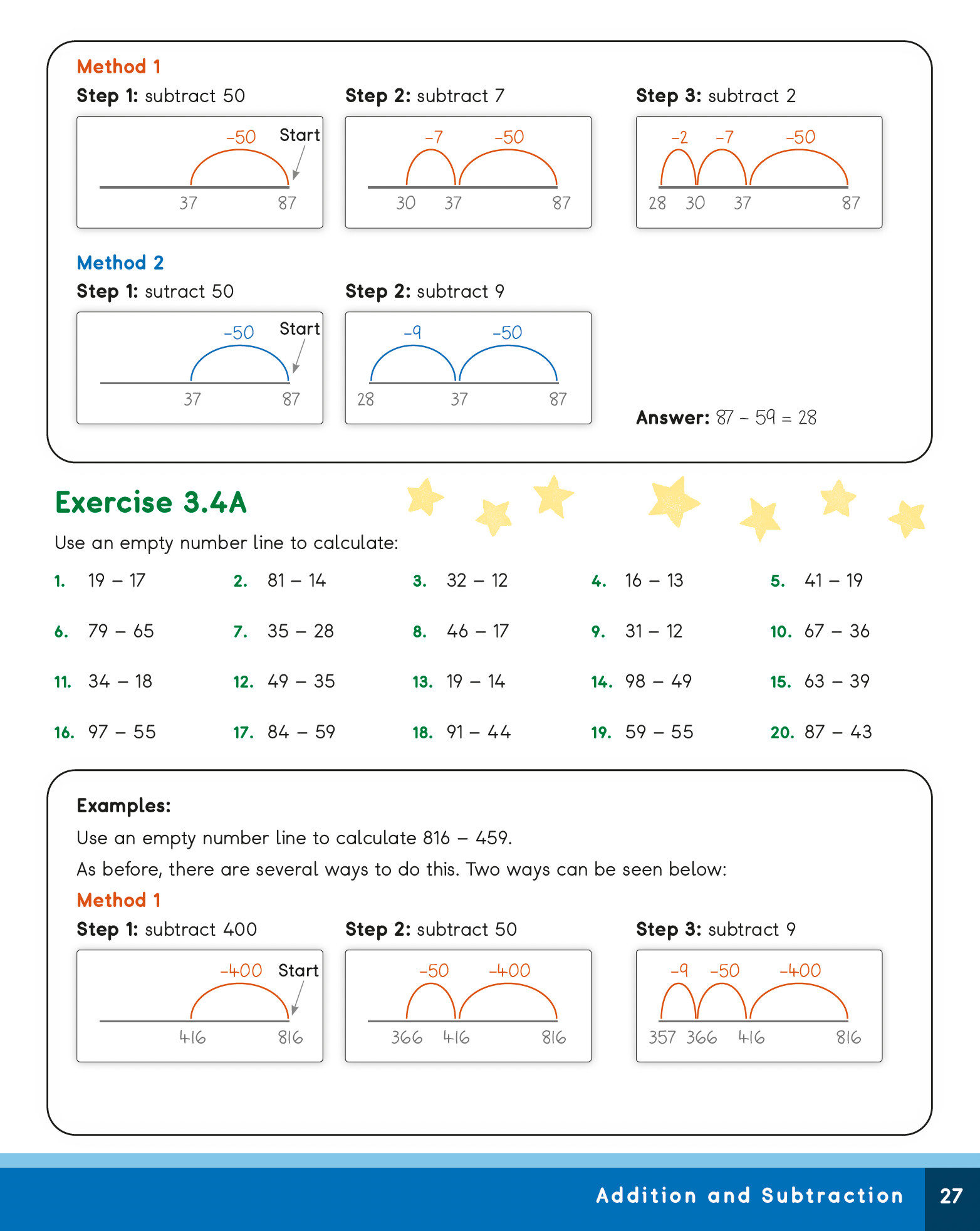 Math worksheet with addition and subtraction problems and solutions.