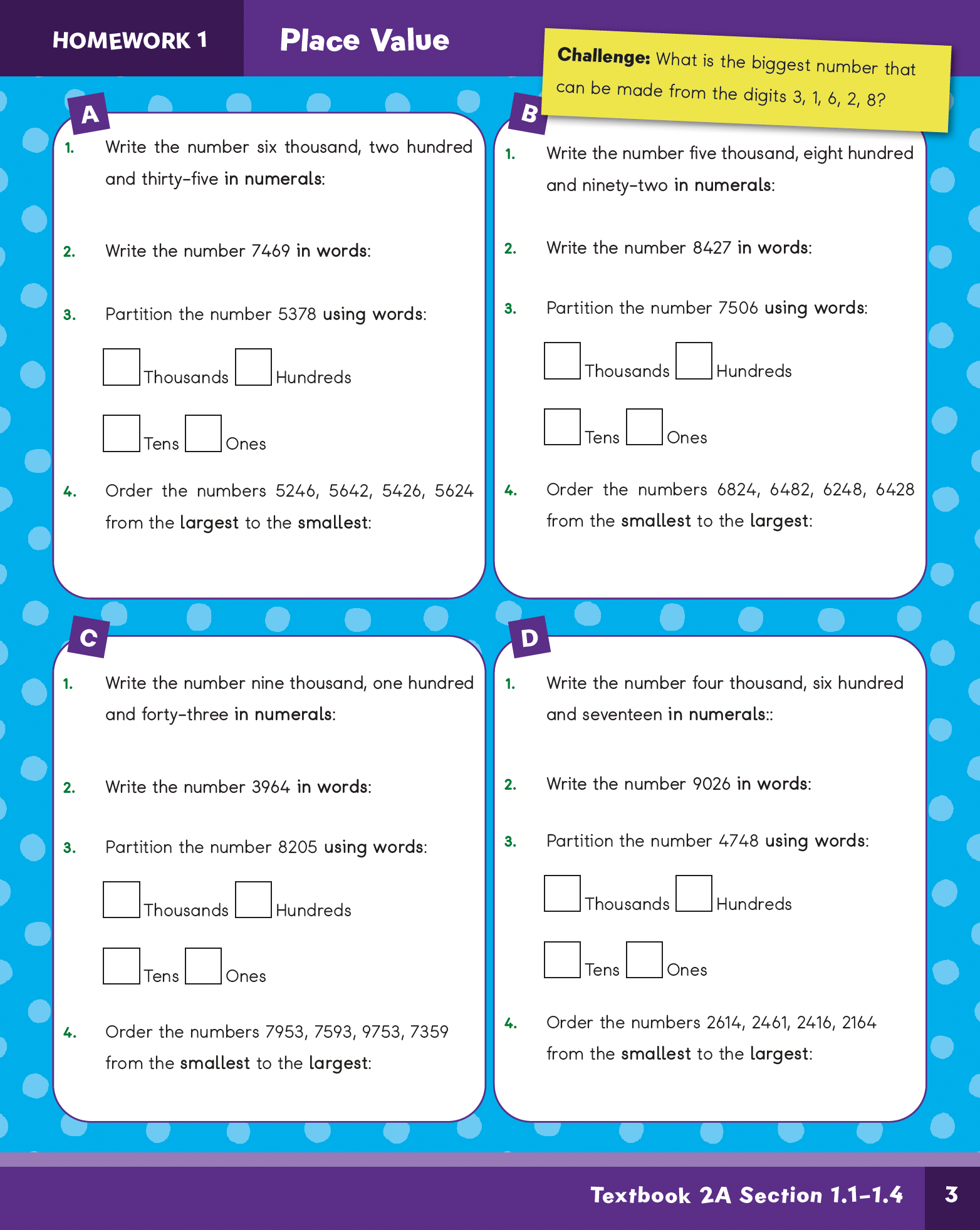 Math homework worksheet with place value exercises on a blue background