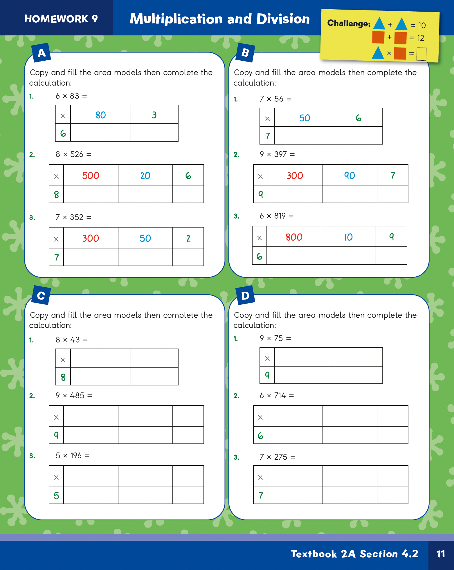 Mathematics worksheet with multiplication and division problems on a green background