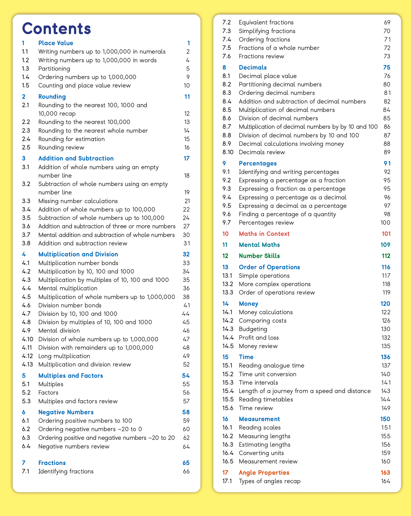 Table of contents for a mathematics curriculum on a yellow background