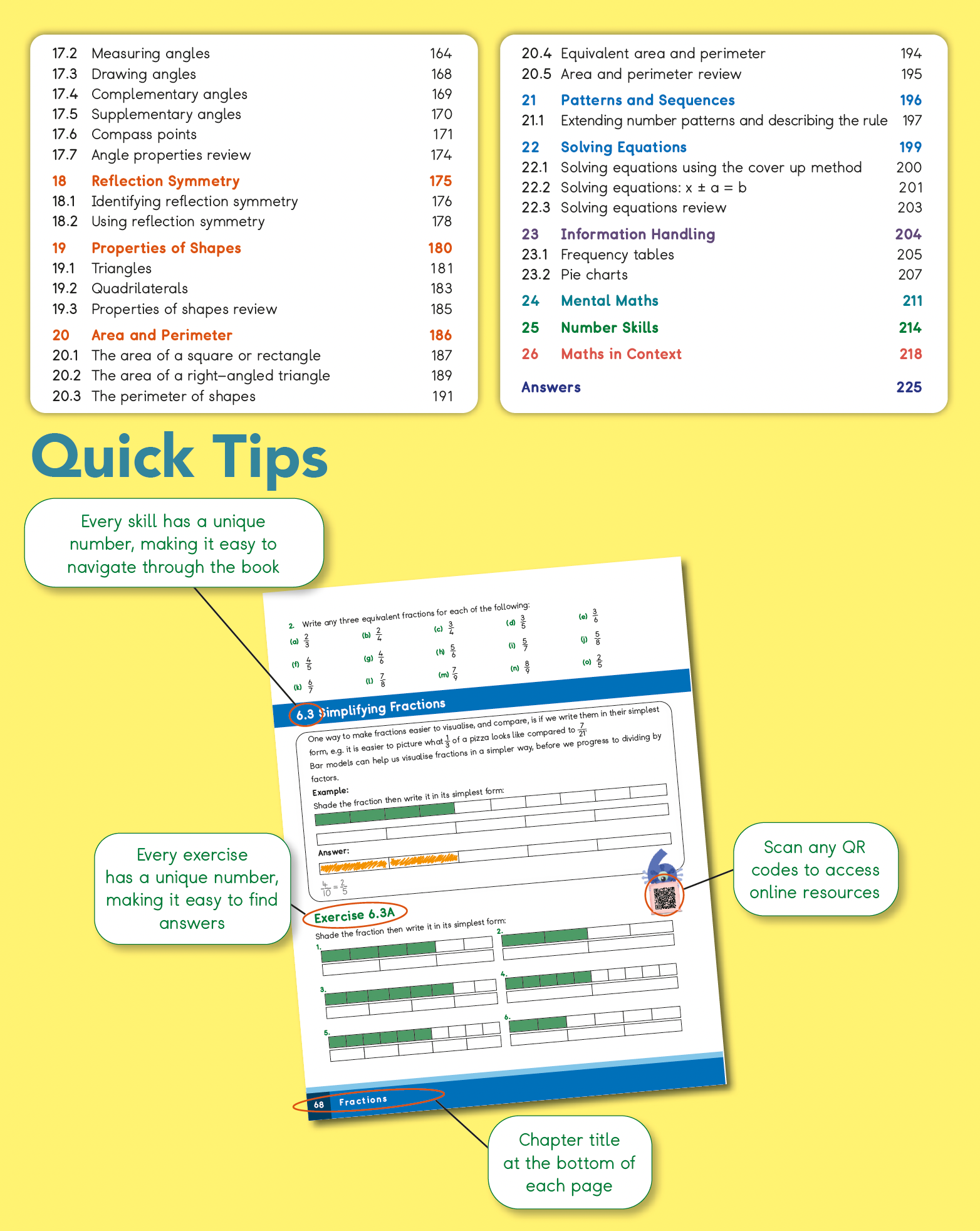 Educational book with quick tips and QR codes on a yellow background