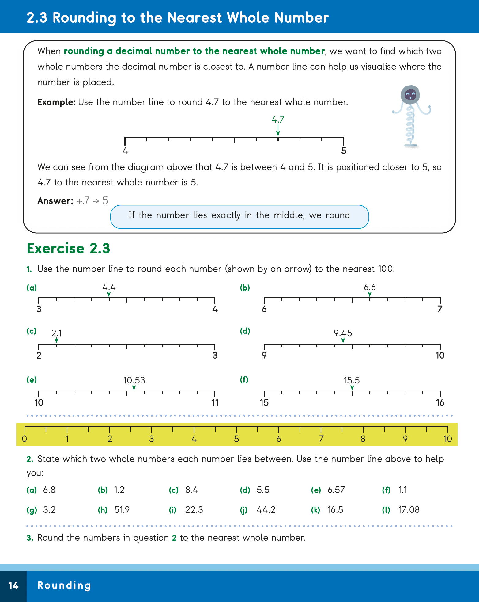 Math worksheet on rounding decimal numbers to the nearest whole number with a number line illustration.