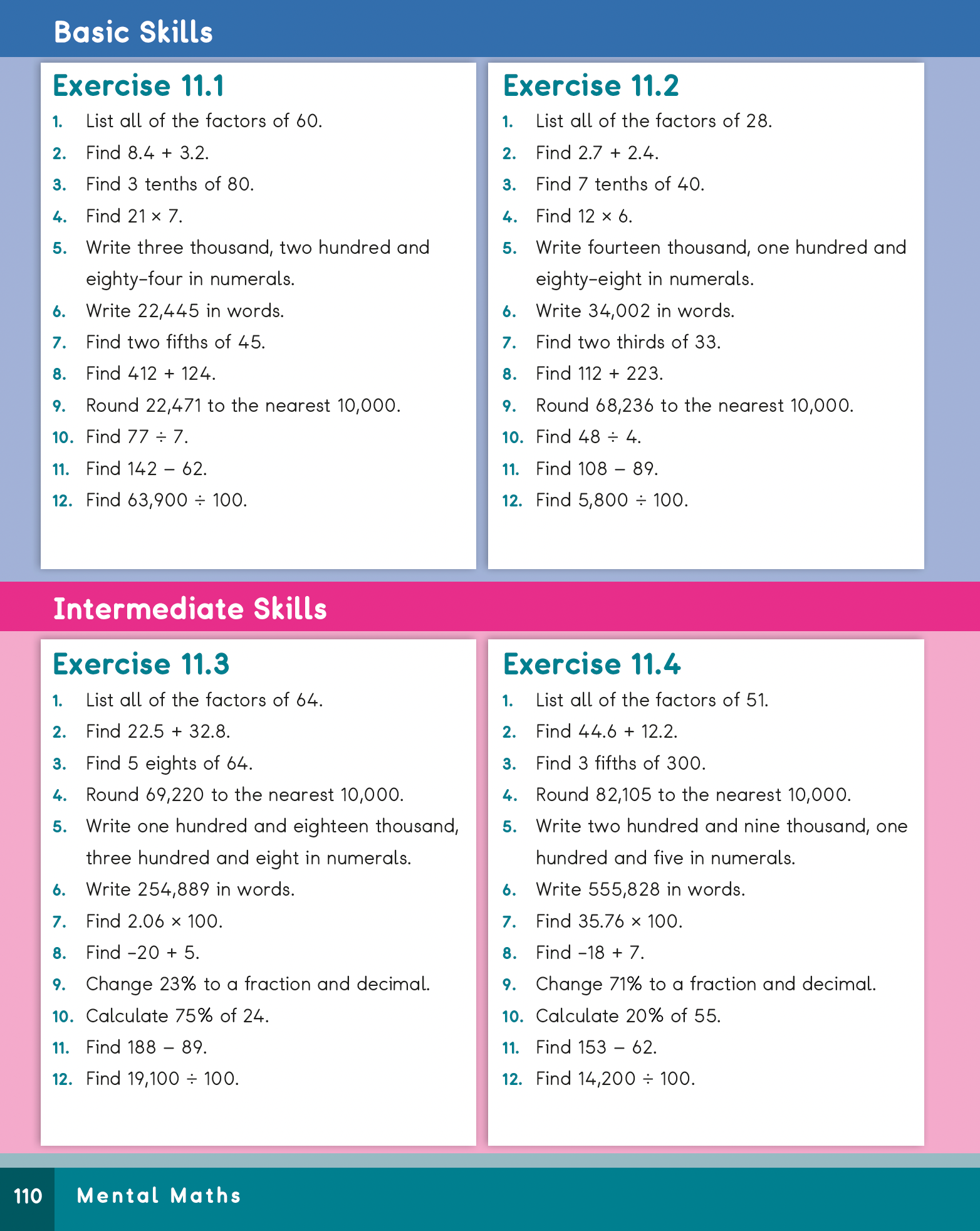 Mathematics exercise book with various problems on factors, sums, differences, and rounding.