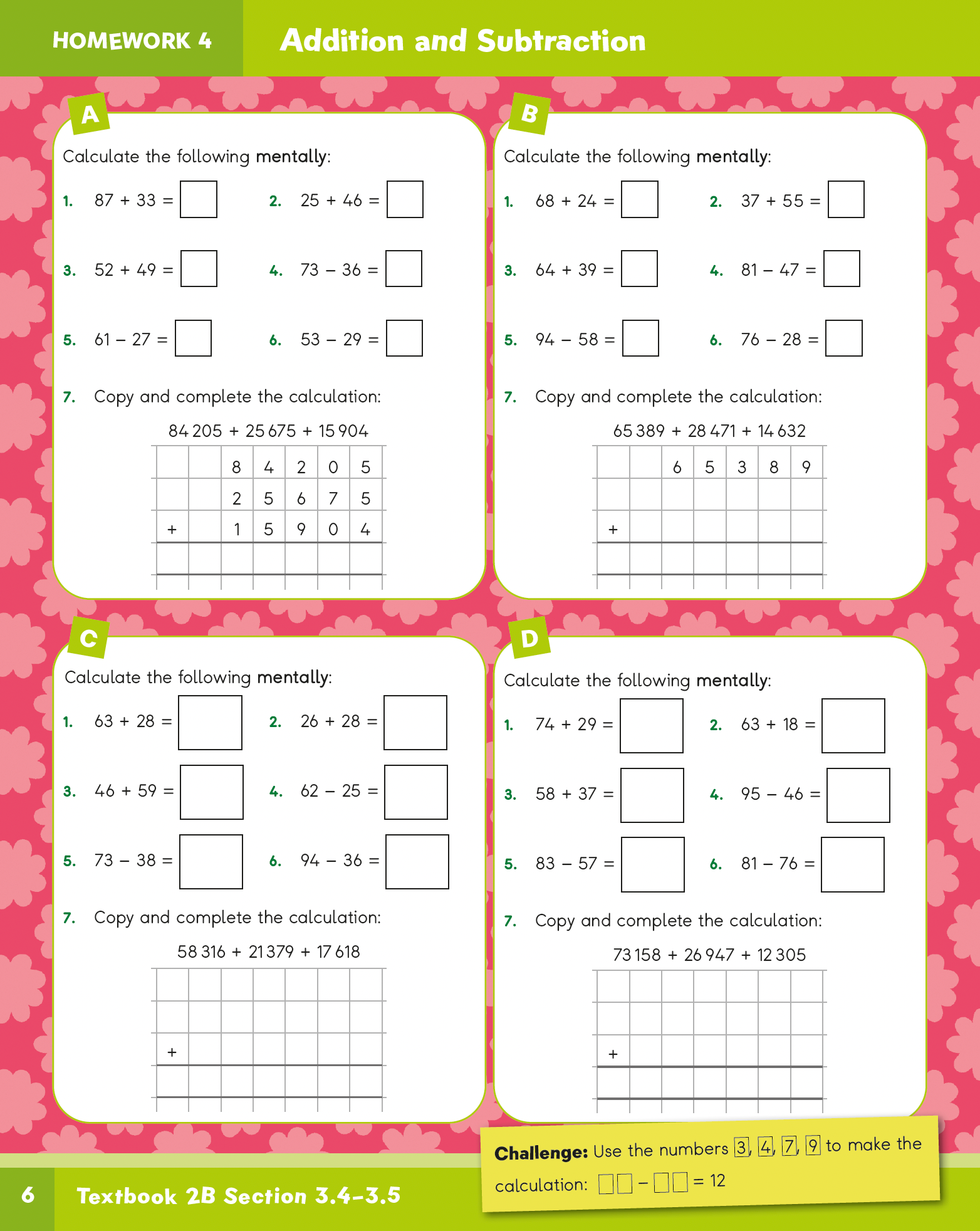 Mathematics workbook with addition and subtraction exercises on a pink floral background