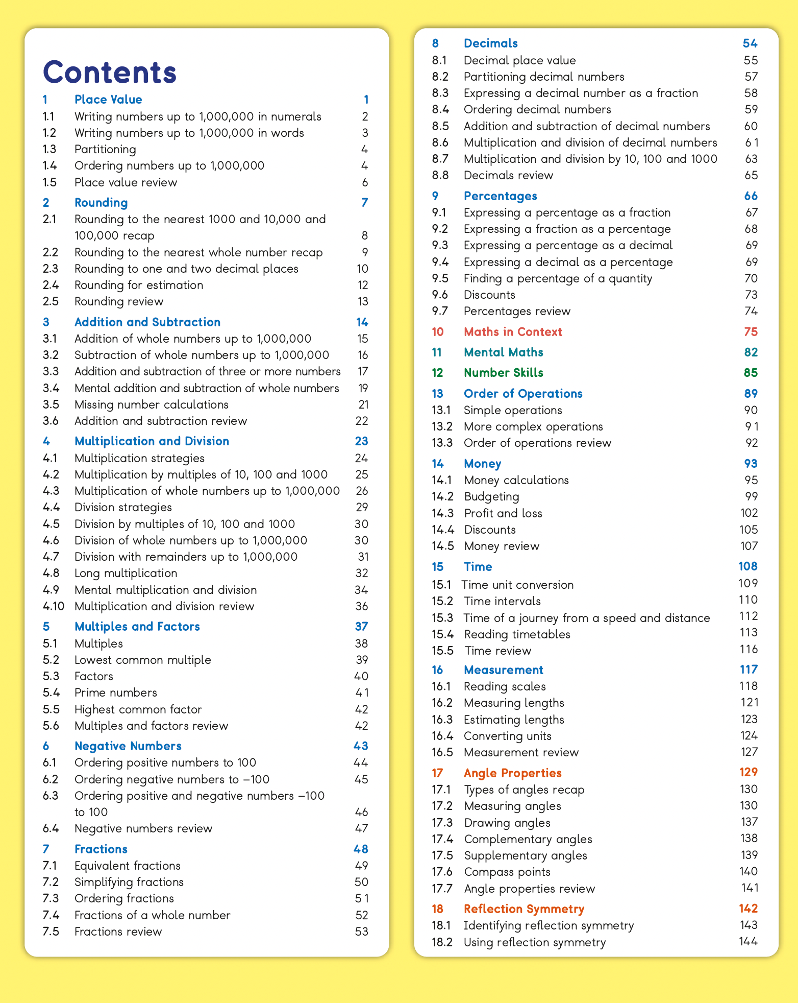Table of contents for a mathematics textbook with chapter headings and page numbers.