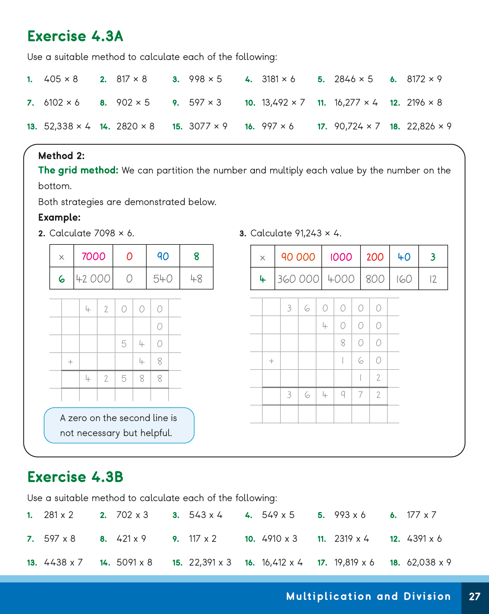 Mathematics exercise sheet with multiplication problems and grid method explanation.