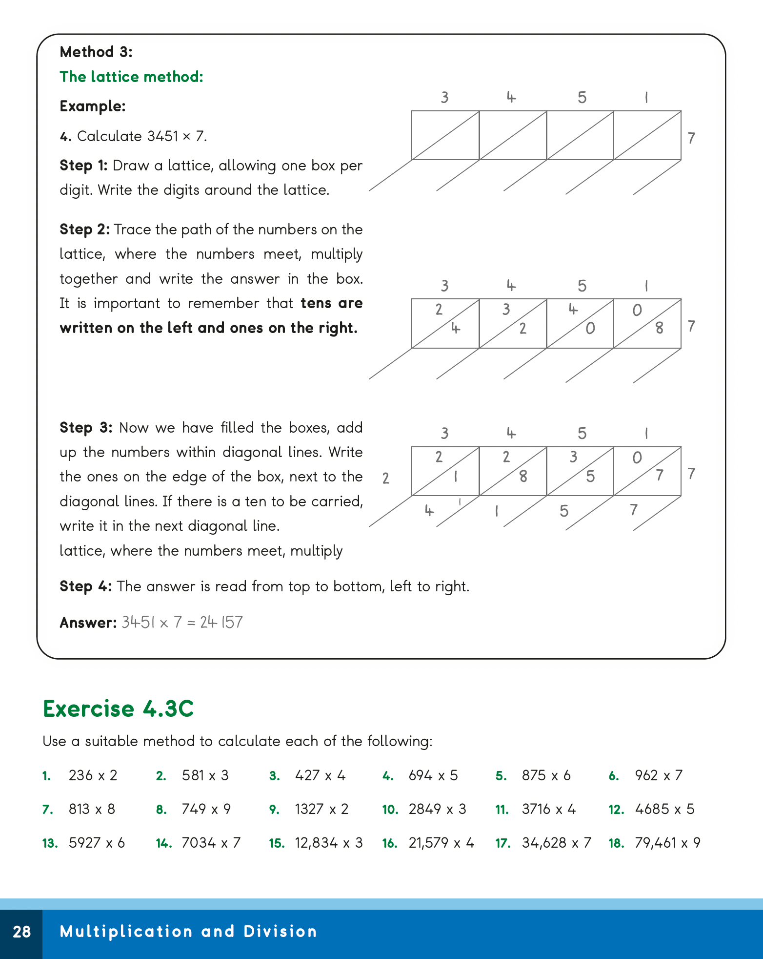 Mathematics worksheet explaining the lattice method for multiplication with examples and exercises.