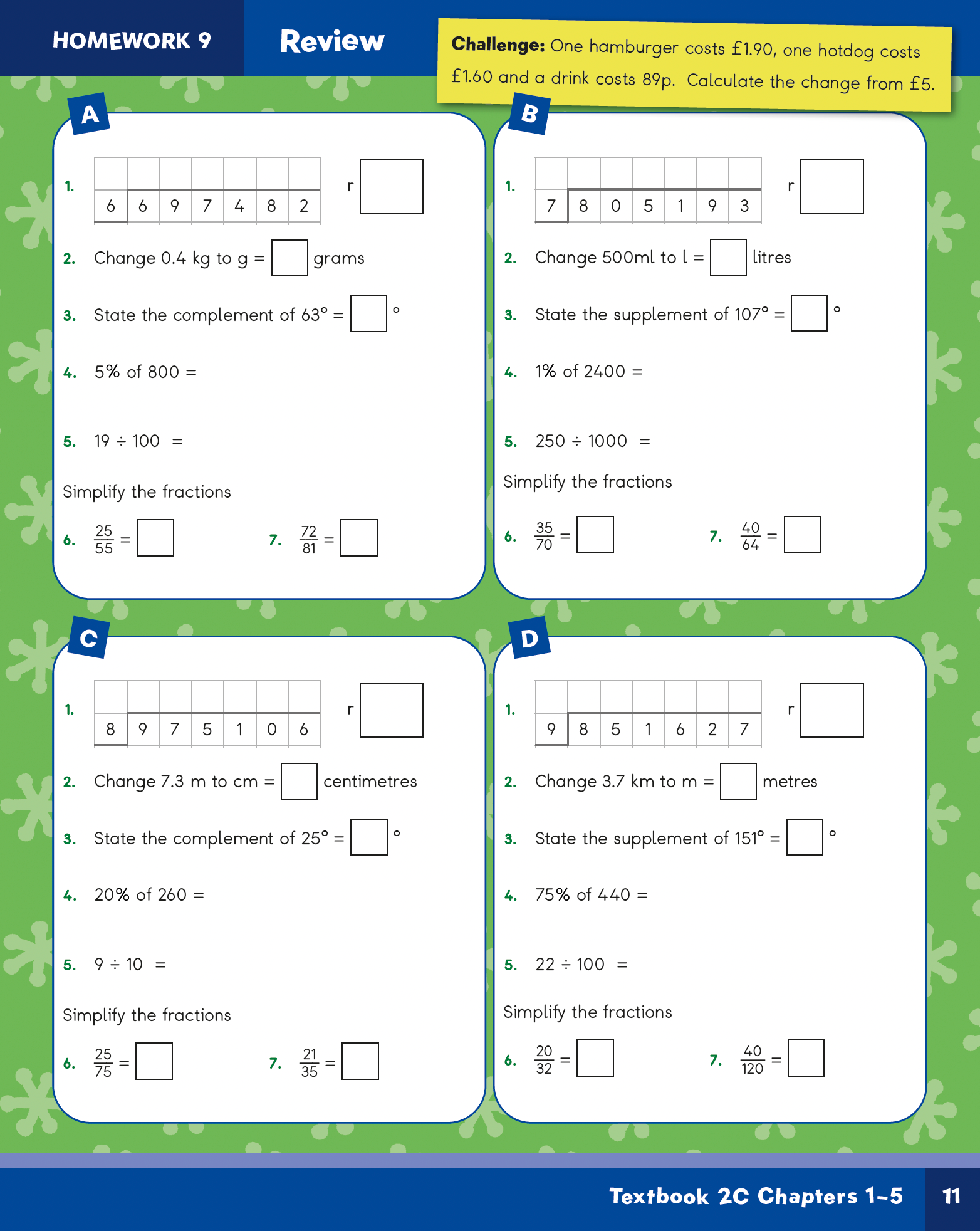 Mathematics homework worksheet with problems and a hamburger cost challenge on a green border.