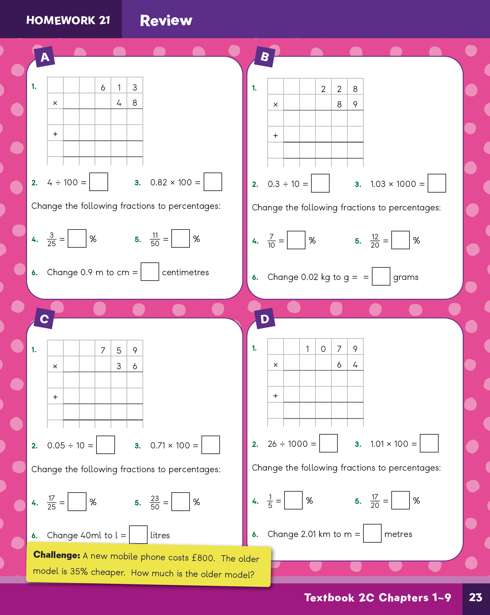 Mathematics homework review sheet with problems and answers on a pink and purple dotted background