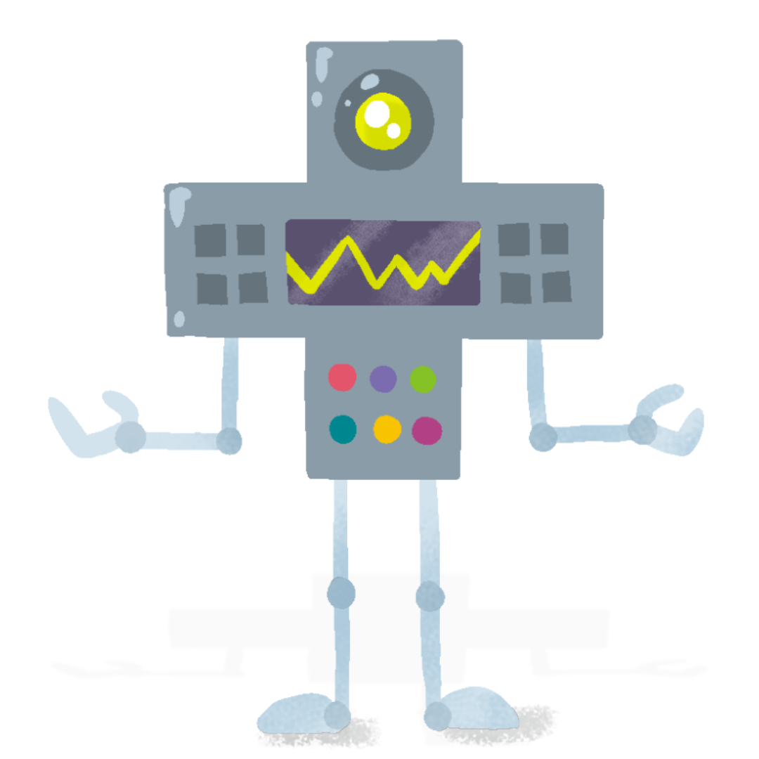 Cartoon robot with colorful buttons on a white background