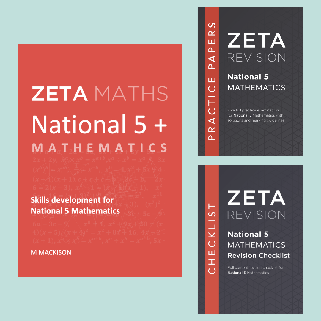 Three educational books related to ZETA Revision for National 5 Mathematics on a light blue background.