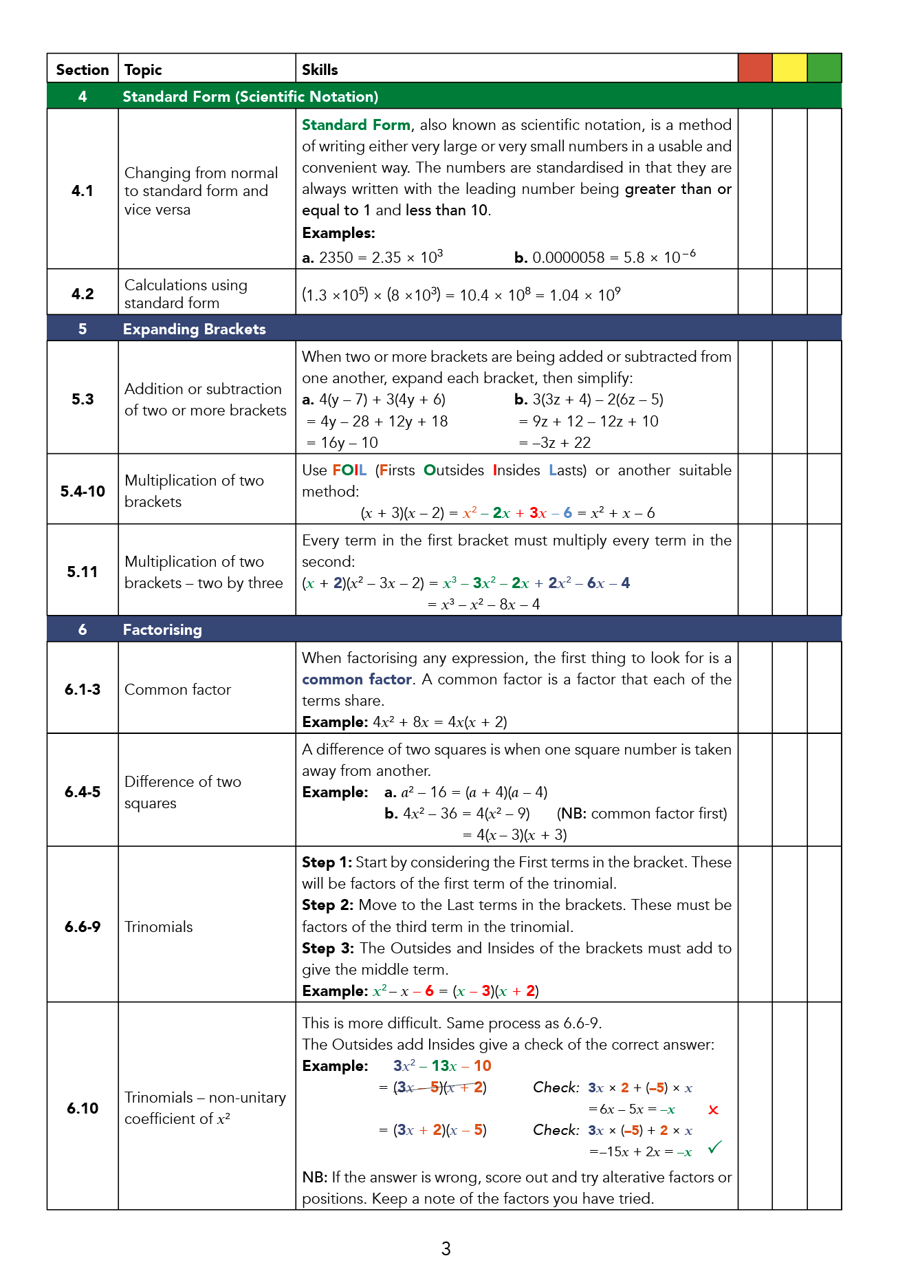 Sheet of educational content on standard form, scientific notation, and algebraic operations.