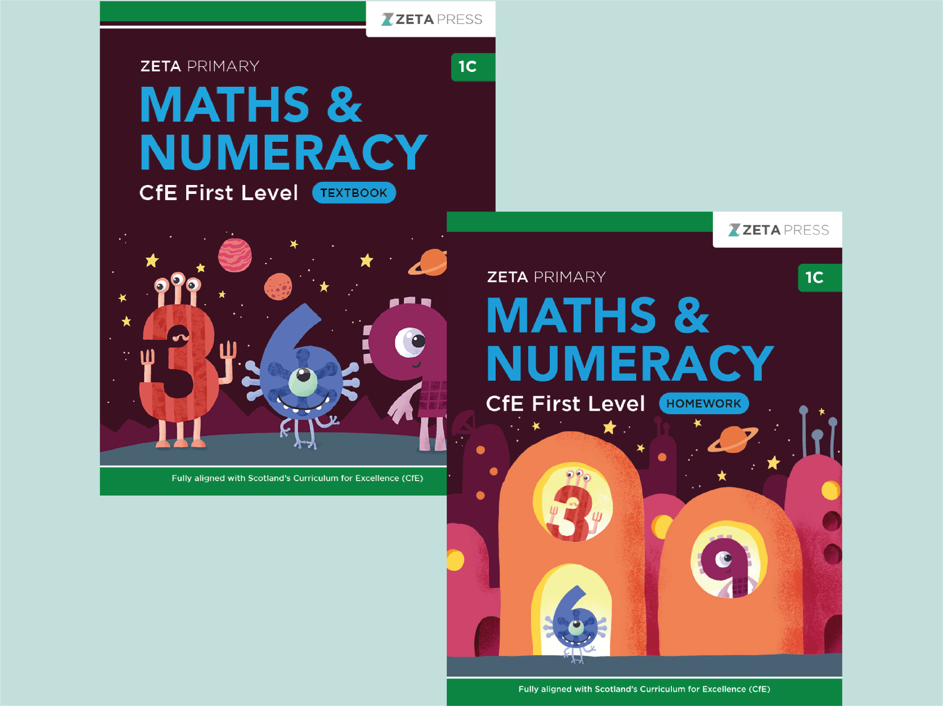 Two Zeta Primary Maths & Numeracy textbooks for CFE First Level on a light blue background.