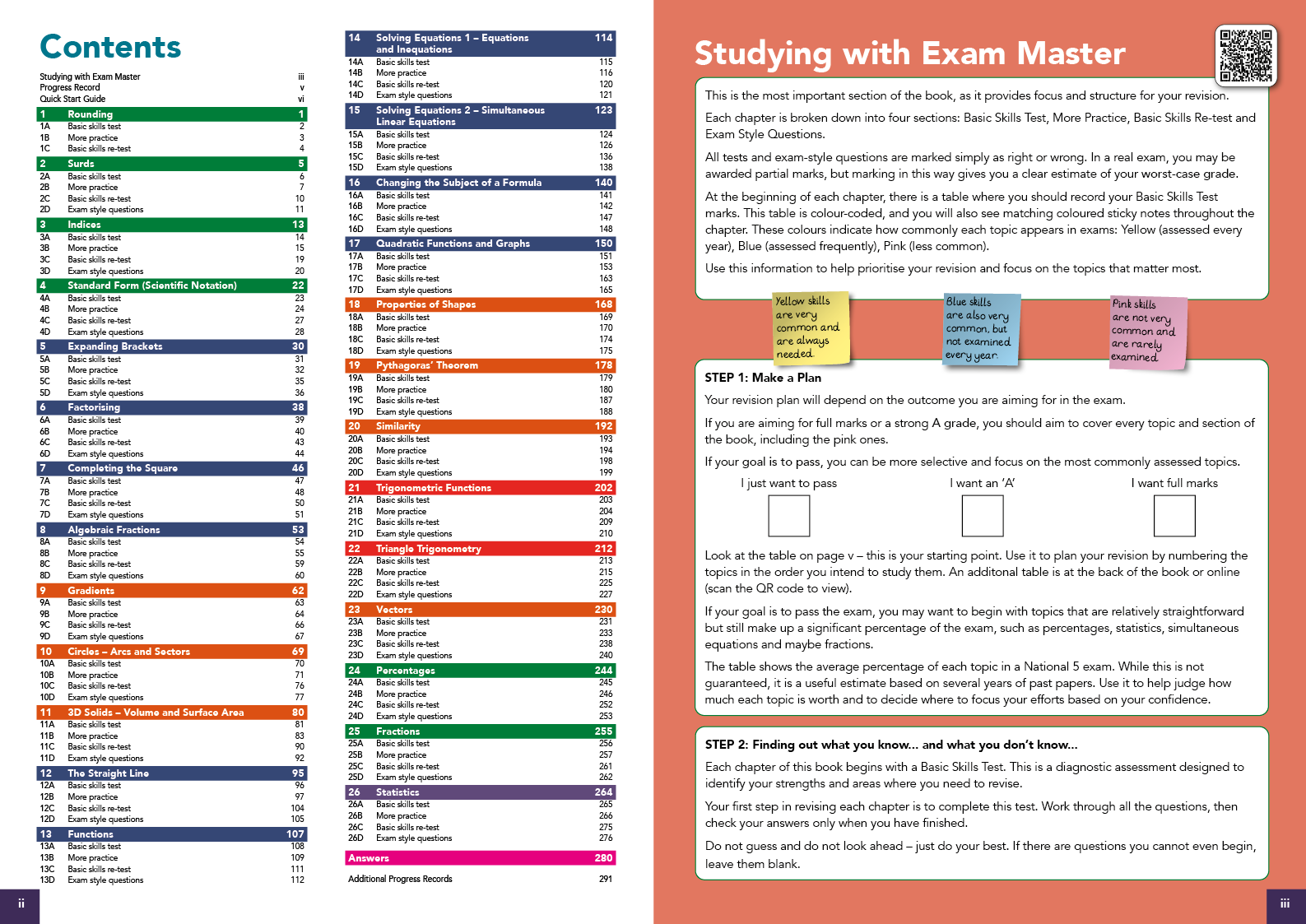 Studying with Exam Master book content page with colorful table of contents and introduction text.