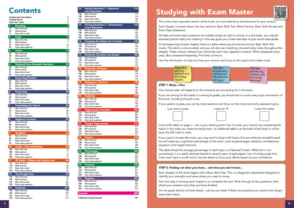 Studying with Exam Master book content page with colorful table of contents and introduction text.