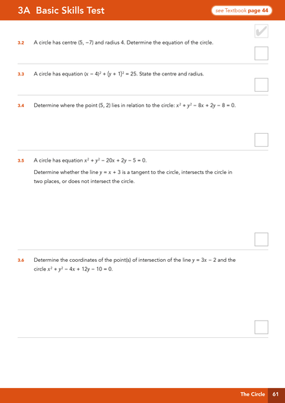 A printed worksheet page titled '3A Basic Skills Test' with multiple circle-related math questions, checkboxes, and an orange footer band reading 'The Circle' and page number 61.