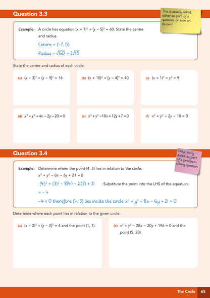 A printed worksheet page from The Circle showing algebra problems about circles, with example solutions for Question 3.3 and 3.