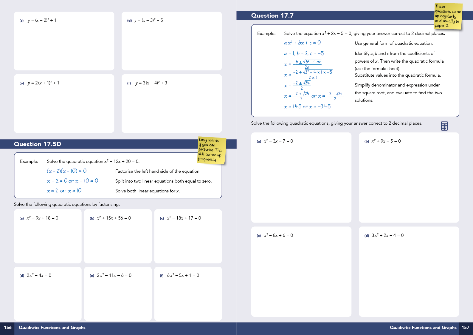 Mathematics textbook page with quadratic equations and solutions