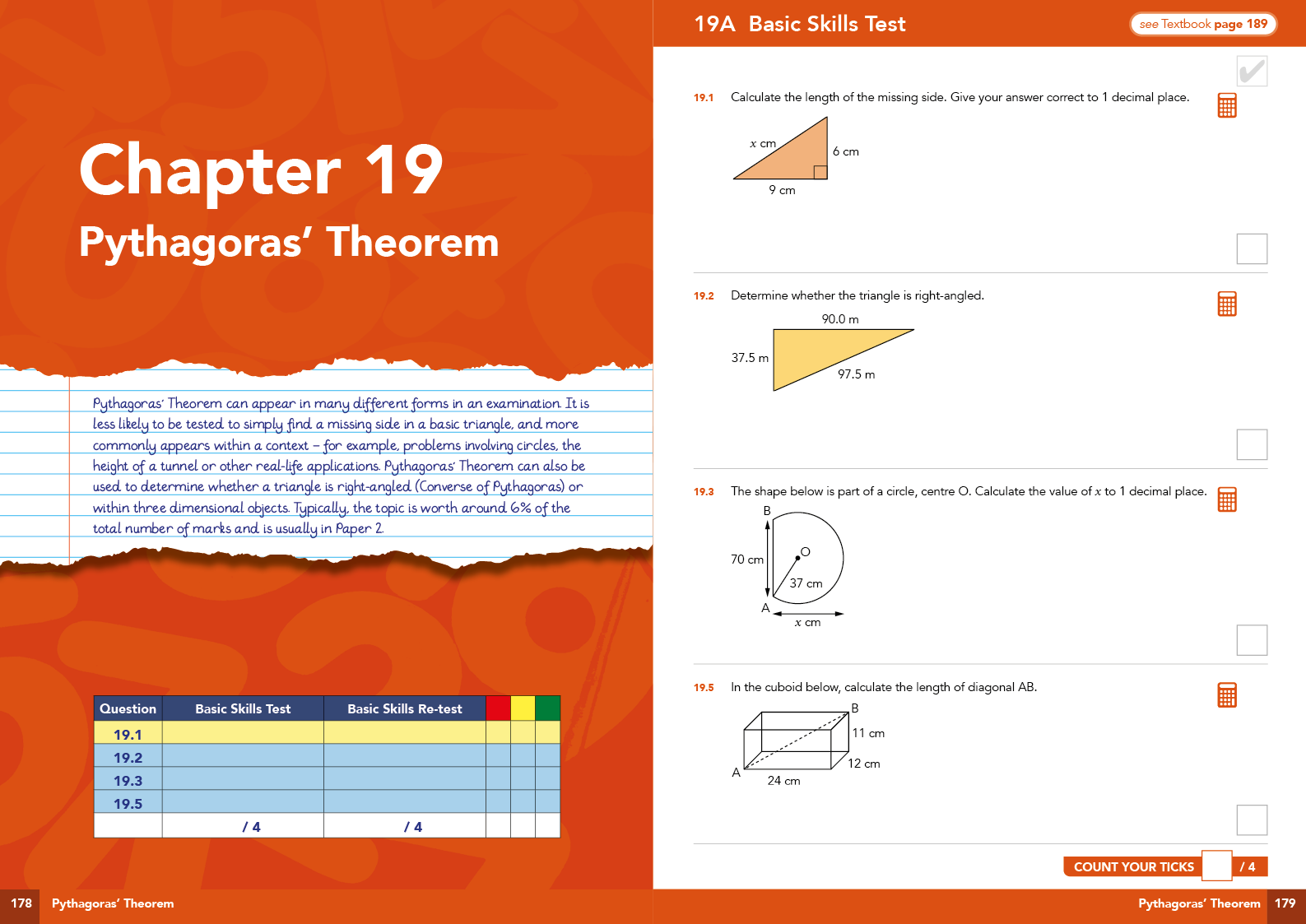 Mathematics textbook page with Pythagoras' Theorem exercises on an orange background