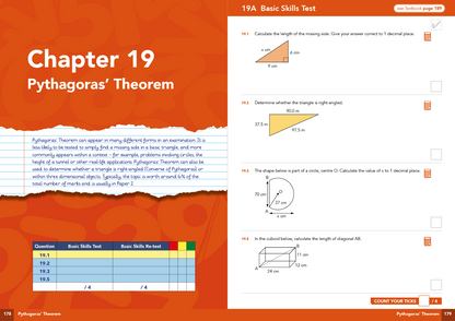 Mathematics textbook page with Pythagoras' Theorem exercises on an orange background