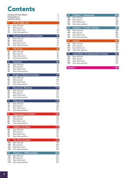 A printed table of contents page from a math textbook, showing chapter and section headings with page numbers in blue, gray, and red text on a white page.