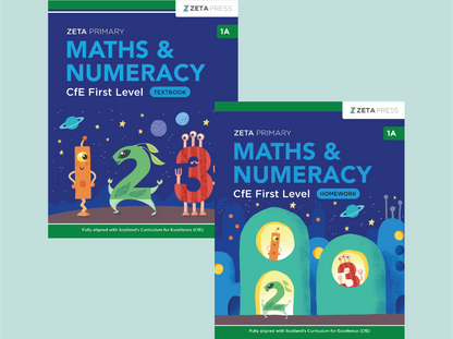 Two Zeta Press Maths & Numeracy textbooks for CFE First Level on a light blue background