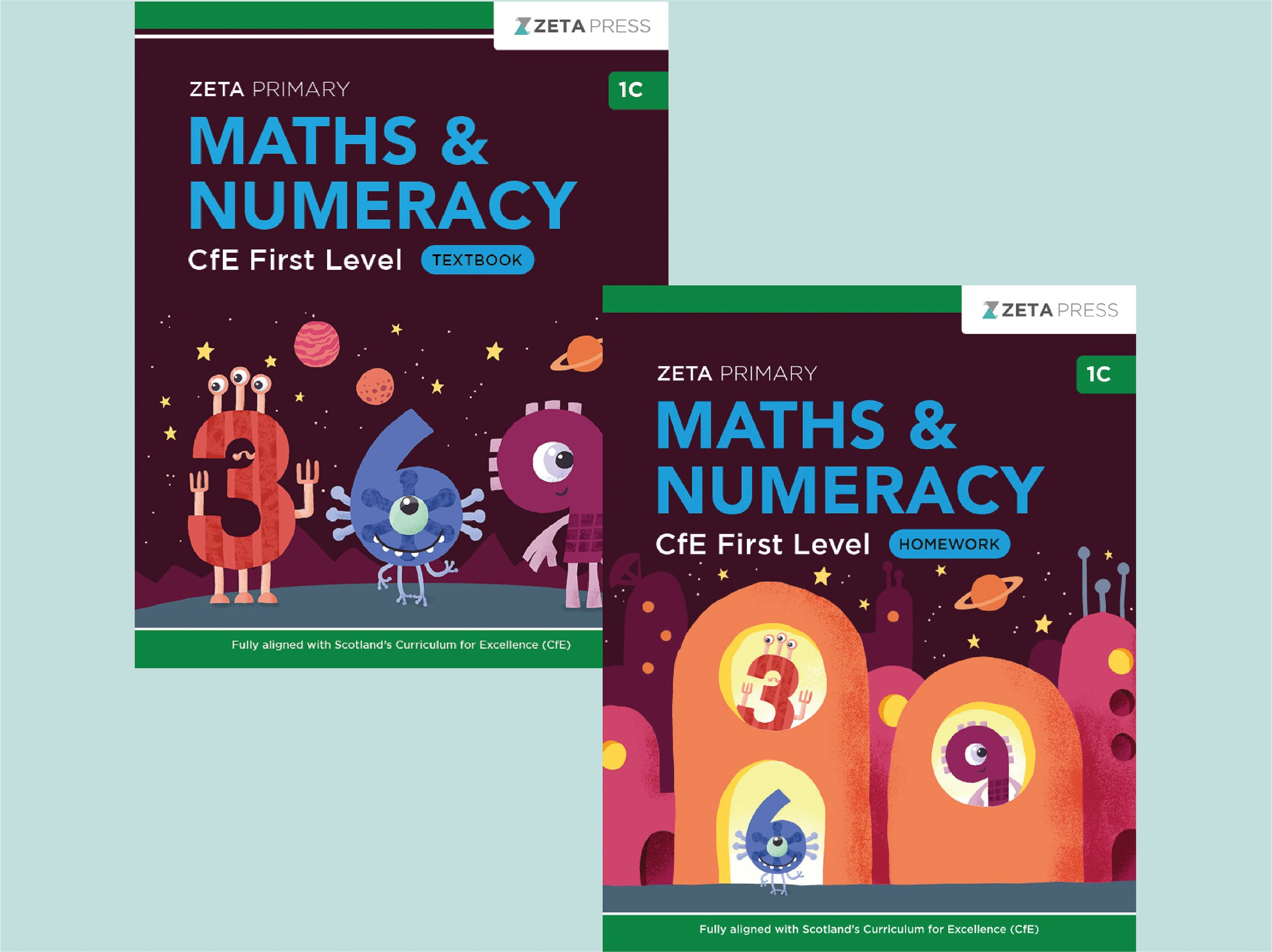 Two Zeta Primary Maths & Numeracy textbooks for CFE First Level on a light blue background.
