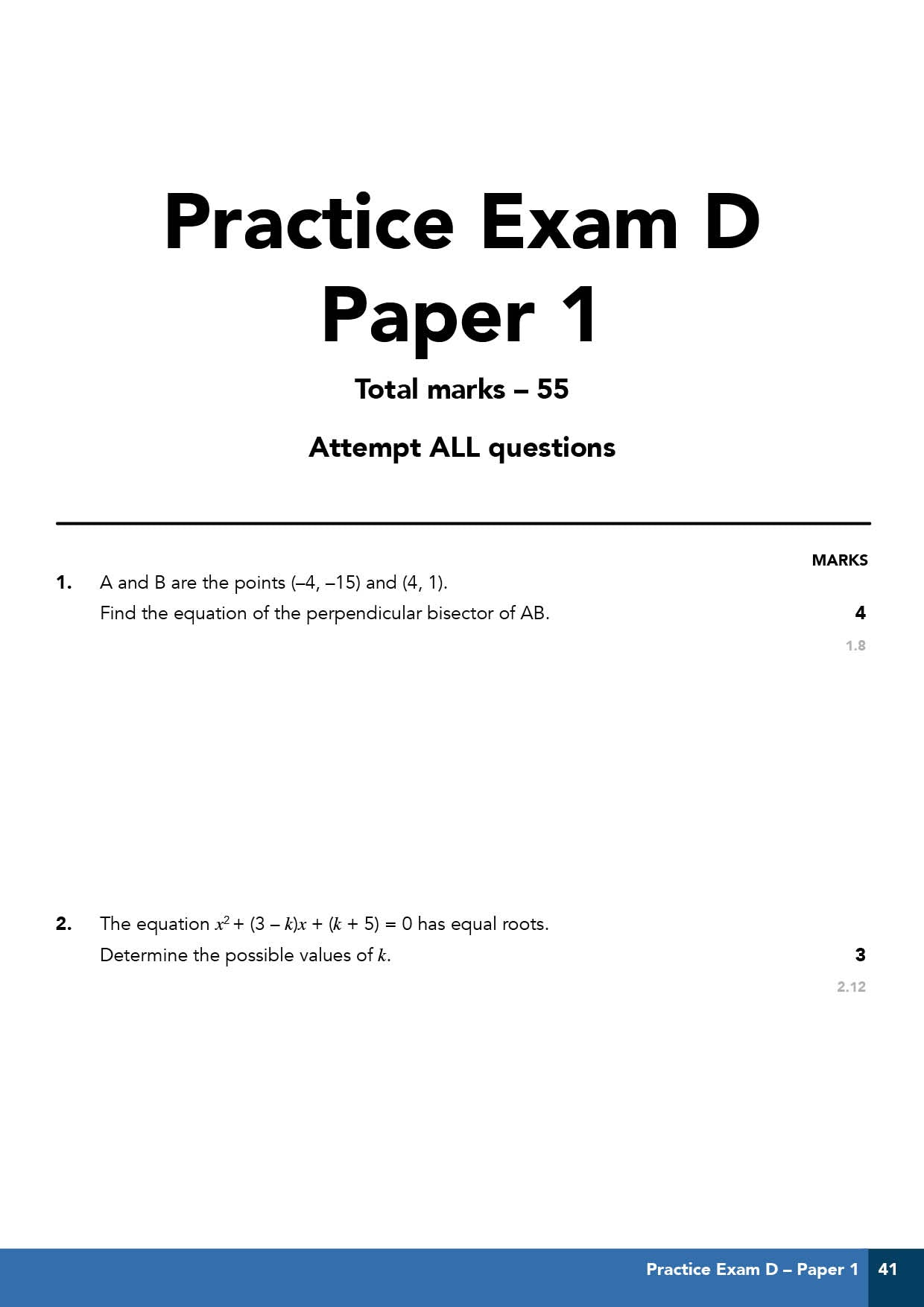 Practice Exam D Paper 1 with mathematical questions on a white background