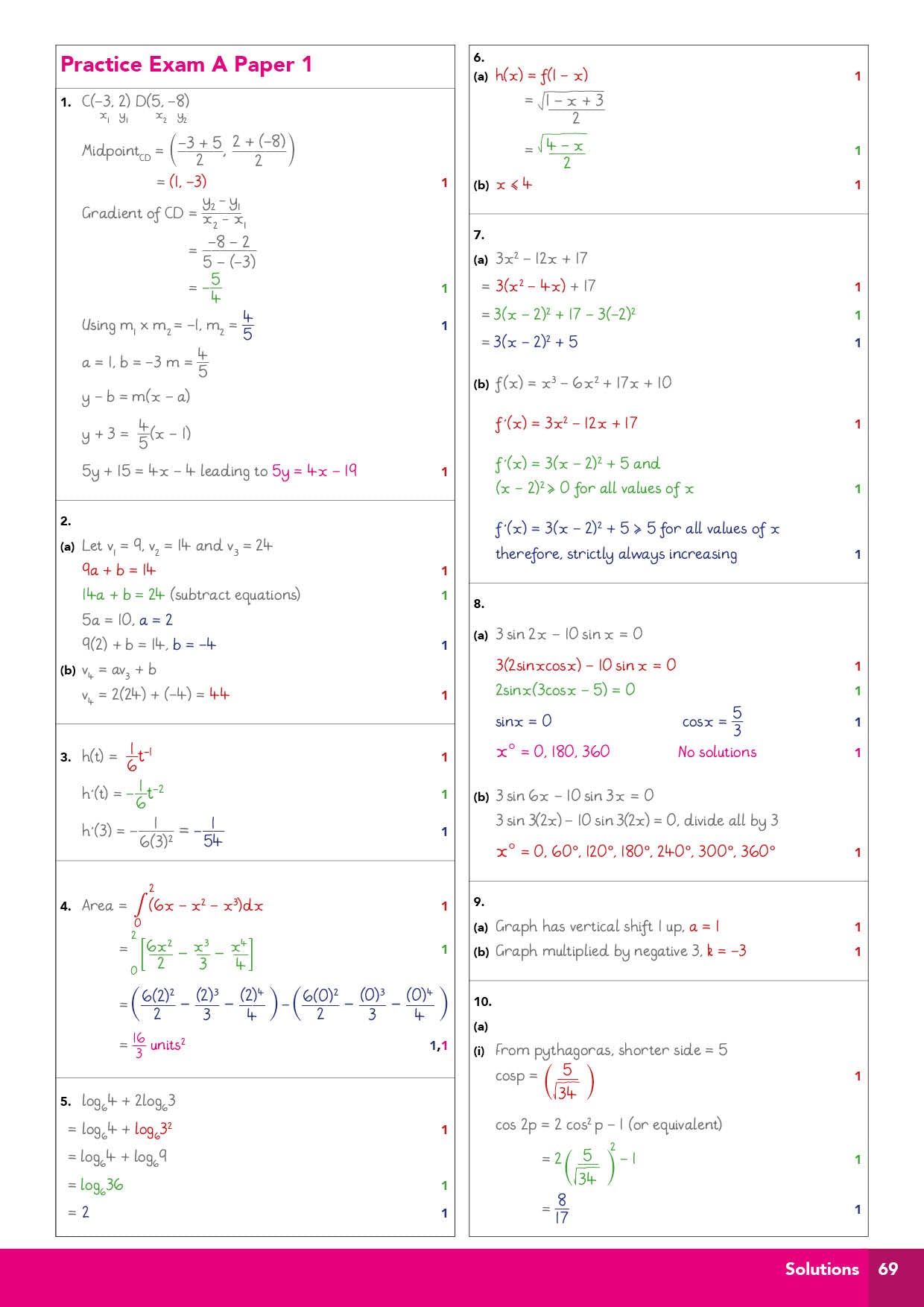 Mathematics practice exam paper with various problems and solutions on a white background.