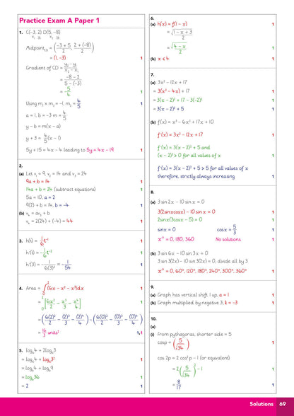 Mathematics practice exam paper with various problems and solutions on a white background.
