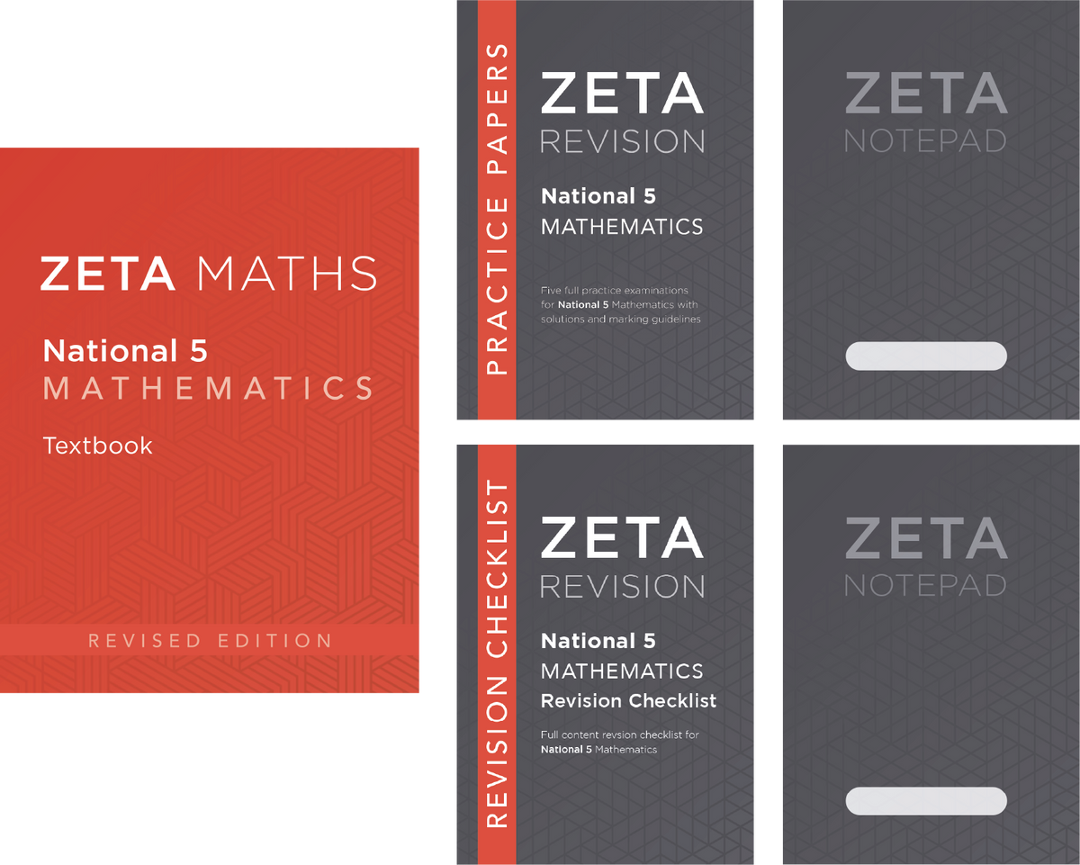 Zeta Maths National 5 Mathematics revision set showing the textbook in red-orange, a practice papers booklet in red-gray, a revision checklist in red-gray, and a notepad in dark gray.