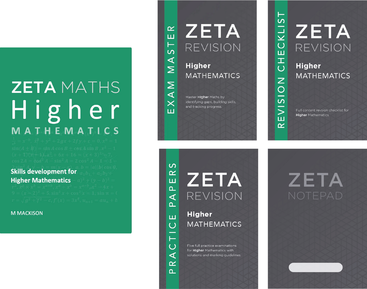 A set of Zeta Maths Higher Mathematics study guides and practice papers, including an Exam Master, Revision Checklist, Practice Papers, and Notepad, shown in green and dark gray covers on a white background.