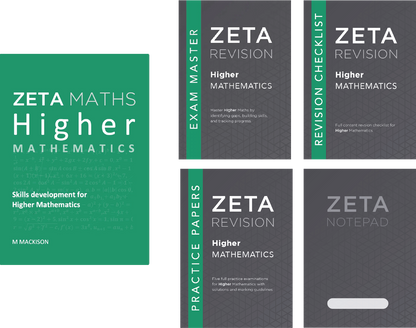 A set of Zeta Maths Higher Mathematics study guides and practice papers, including an Exam Master, Revision Checklist, Practice Papers, and Notepad, shown in green and dark gray covers on a white background.
