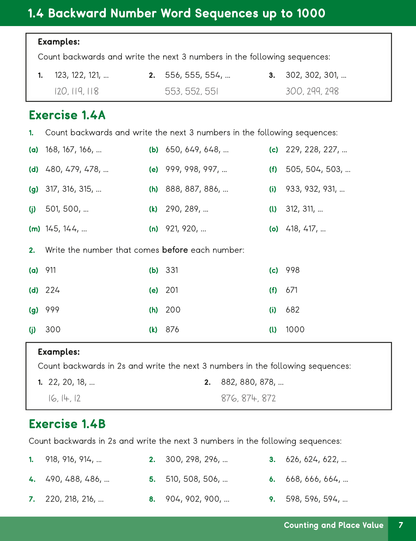 A printed worksheet page titled '1.4 Backward Number Word Sequences up to 1000' with example number sequences and exercise sections labeled 1.
