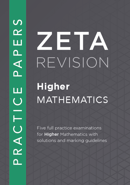 Book cover of Zeta Revision Higher Mathematics practice papers with a geometric pattern on a gray background.