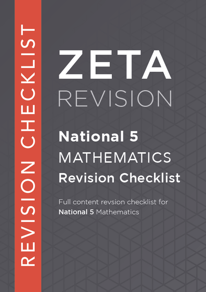 Front cover of the Zeta Revision National 5 Mathematics Revision Checklist book, featuring a dark gray geometric background with a vertical orange-red spine band on the left and white text.
